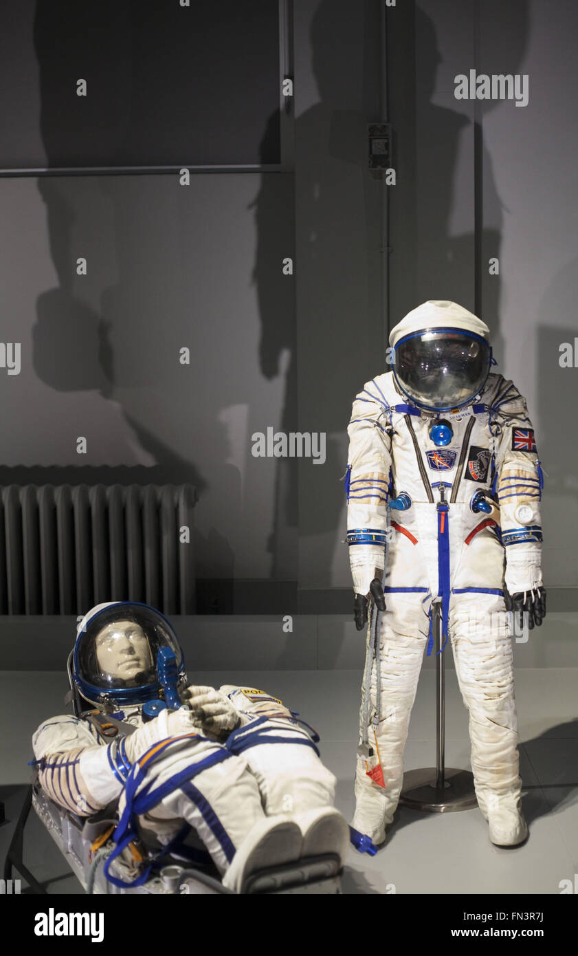 London, UK. 12th Mar, 2016. Cosmonauts: Birth of the Space Age.Sokol-KV-2 rescue suit and Kazbek-UM seat. The spacesuit on the right was worn by the first british astronaut Helen Sharman during her JUNO mission to MIR in 1991.The Science Museum exhibit has assembled a most significant collection of Russian spacecraft and artefacts ever to be shown in the UK. In 1957 Russia launched the world's first artificial satellite, Sputnik, into space and just four years later sent the first ever human ''“ Yuri Gagarin. It was Russia that turned the dream of space travel into a reality and became th Stock Photo