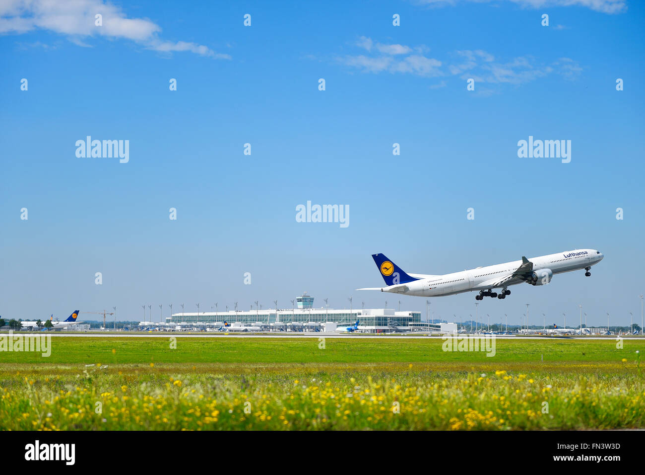 Lufthansa, LH, Airbus, A 340, 600, A340-600, take of, take off, aircraft, airport, overview, panorama, view, aircraft, airplane, Stock Photo