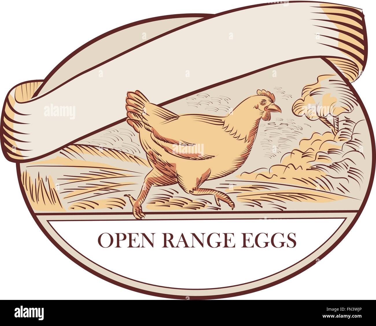 Drawing sketch style illustration of a hen running viewed from the side with farm trees in the background and Open Range Eggs label set inside oval shape. Stock Vector
