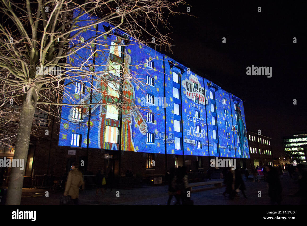 14th January 2016 London, UK - Lumiere London Light Festival, 'Circus of Light' by Ocubo, projected onto Central Saint Martins Stock Photo