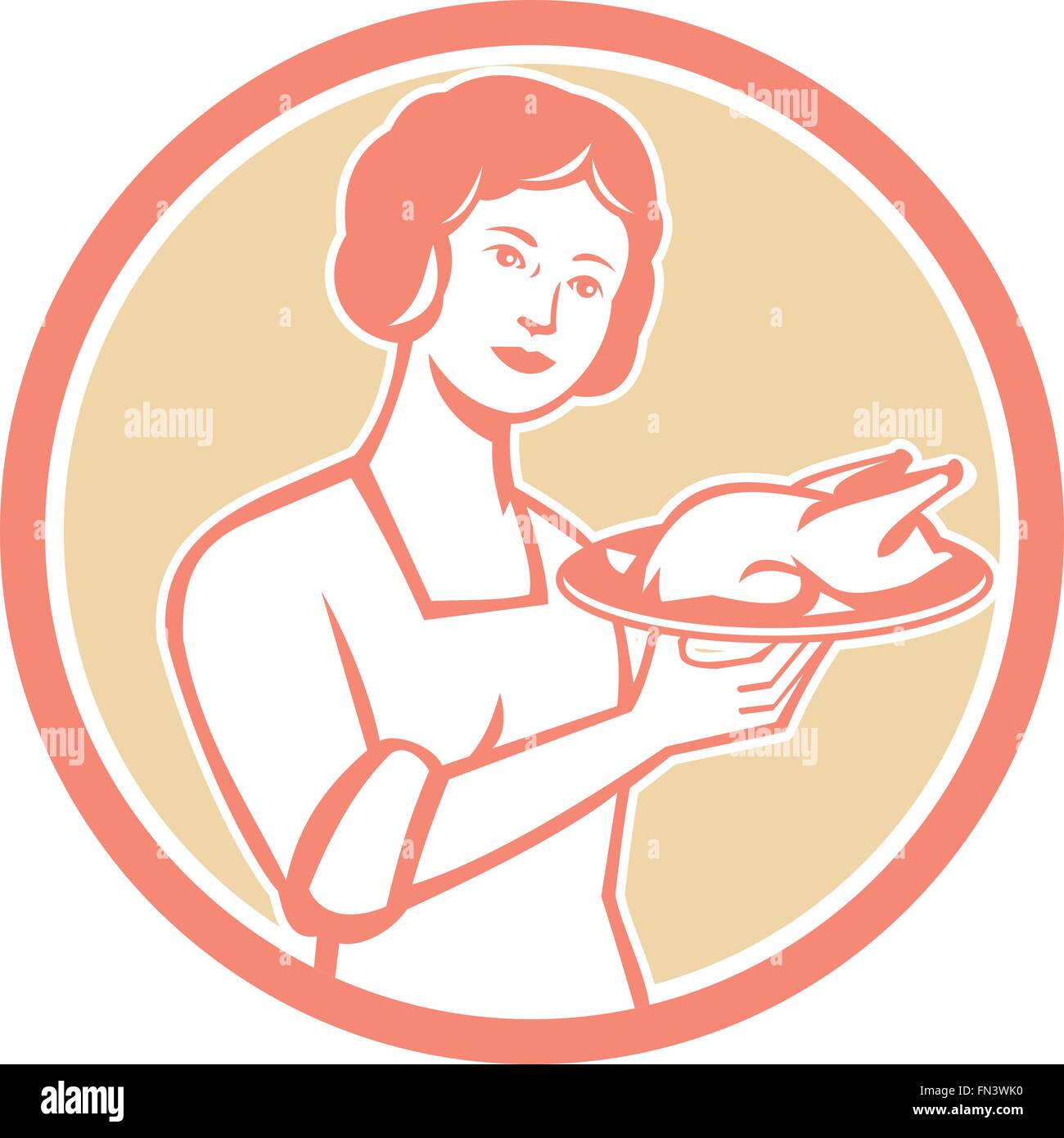 Illustration of a housewife woman serving chicken roast on plate platter viewed from front set inside circle done in retro style. Stock Vector