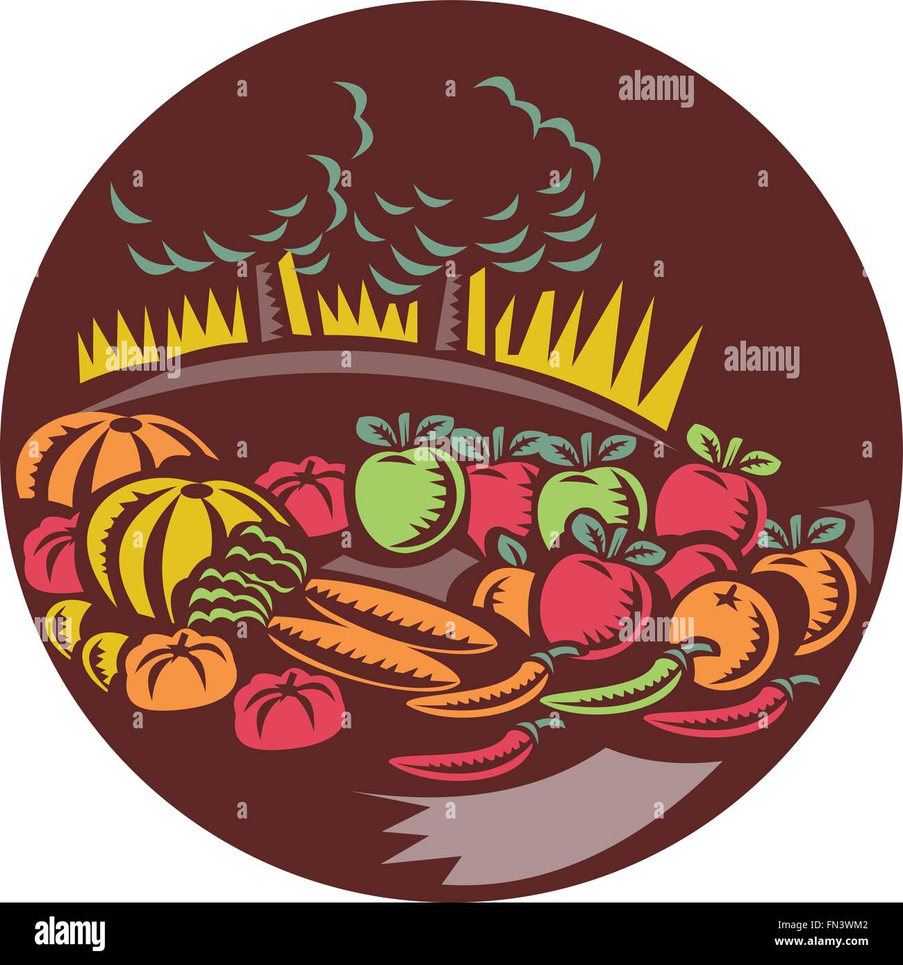 Illustration of orchard crops harvest fruit vegetable set inside circle with trees farm in the background done in retro woocut style. Stock Vector