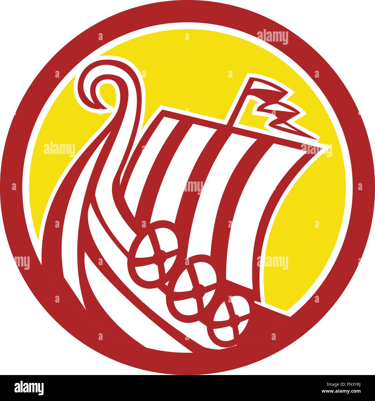Illustration of medieval Viking ship longboat sailboat with shield viewed from the side set inside circle done in retro style on isolated background. Stock Vector