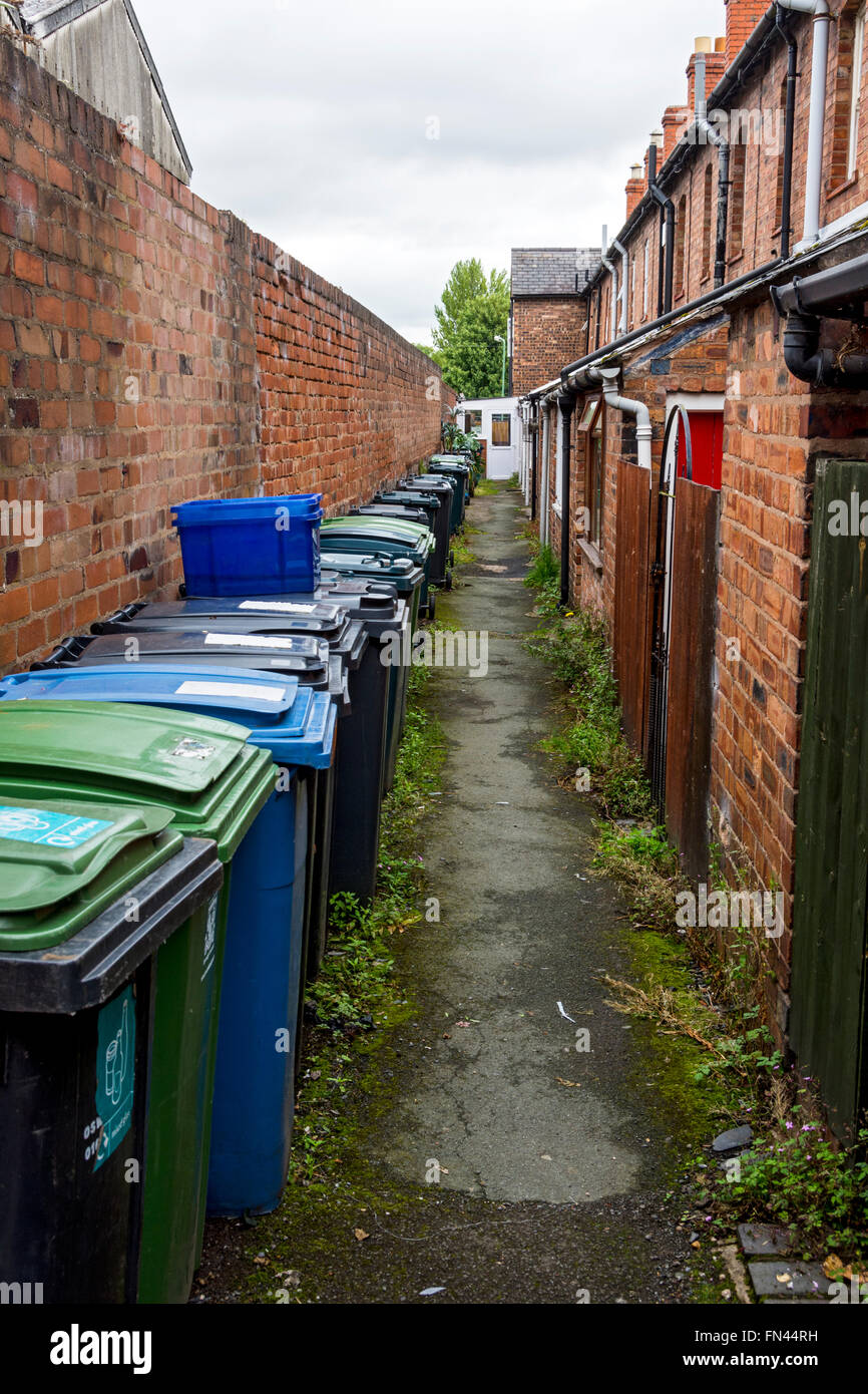 Wheelie bins lined up in a back alley in Shrewsbury, Shropshire
