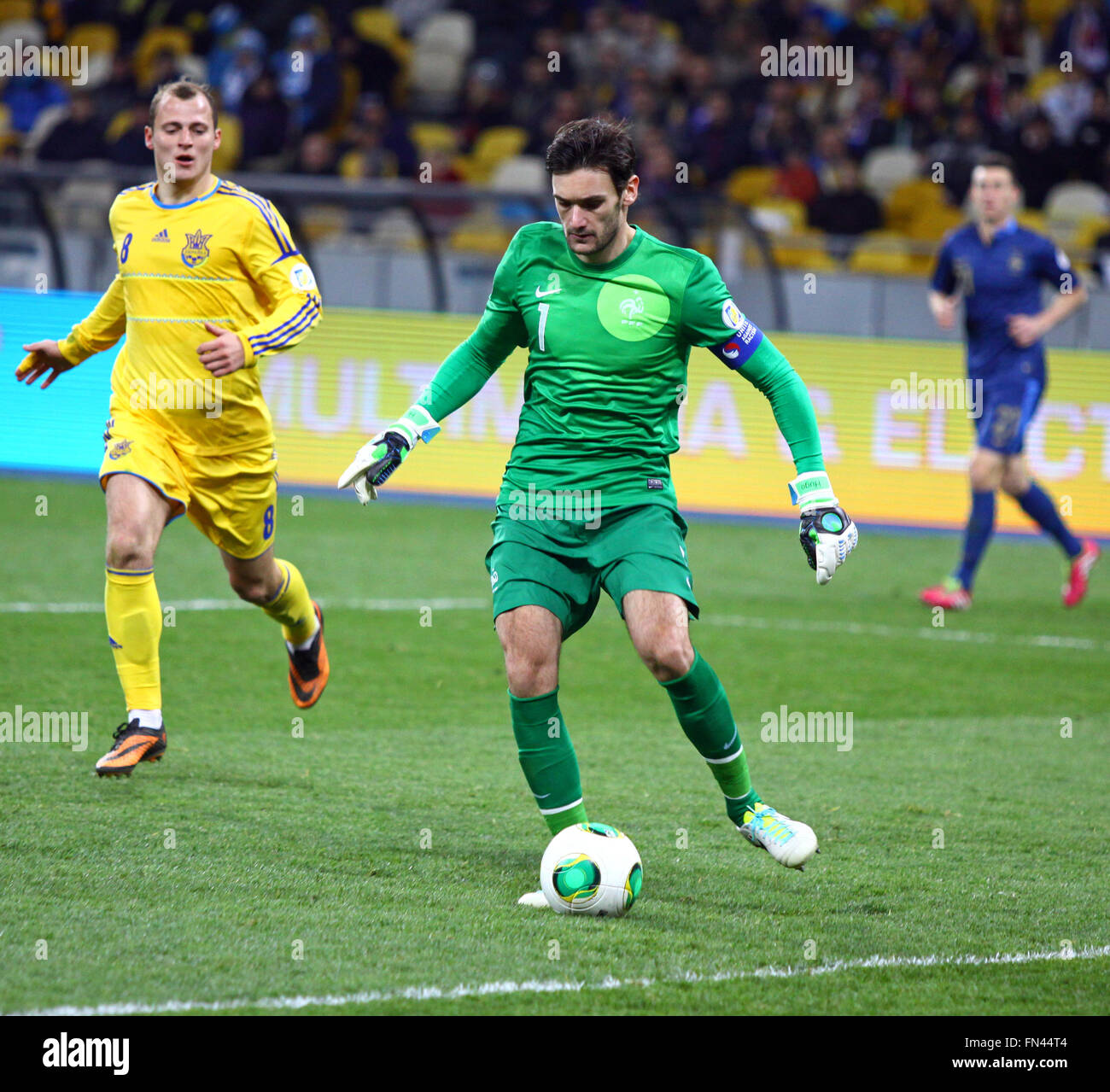 KYIV, UKRAINE - NOVEMBER 15, 2013: Goalkeeper Hugo Lloris of France in action during FIFA World Cup 2014 play-off game against U Stock Photo