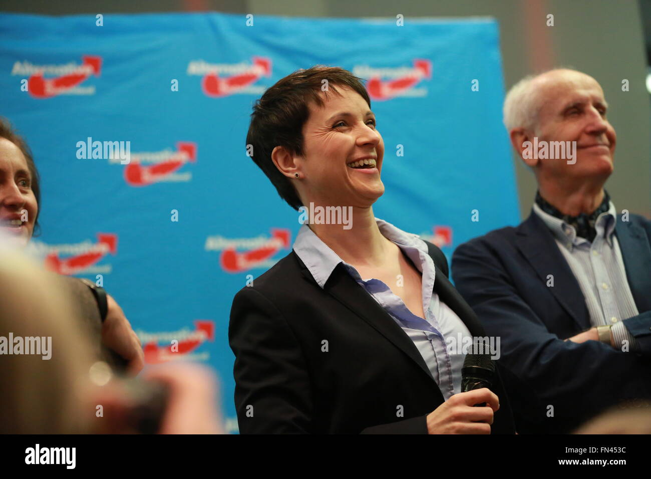 Berlin, Germany. 13th Mar, 2016. Party leader Frauke Petry during the election night of AfD (party) at AO hostel in Berlin's Lichtenberg district to the state elections in Baden-Württemberg, Rheinland-Pfalz and Sachsen-Anhalt. © Simone Kuhlmey/Pacific Press/Alamy Live News Stock Photo