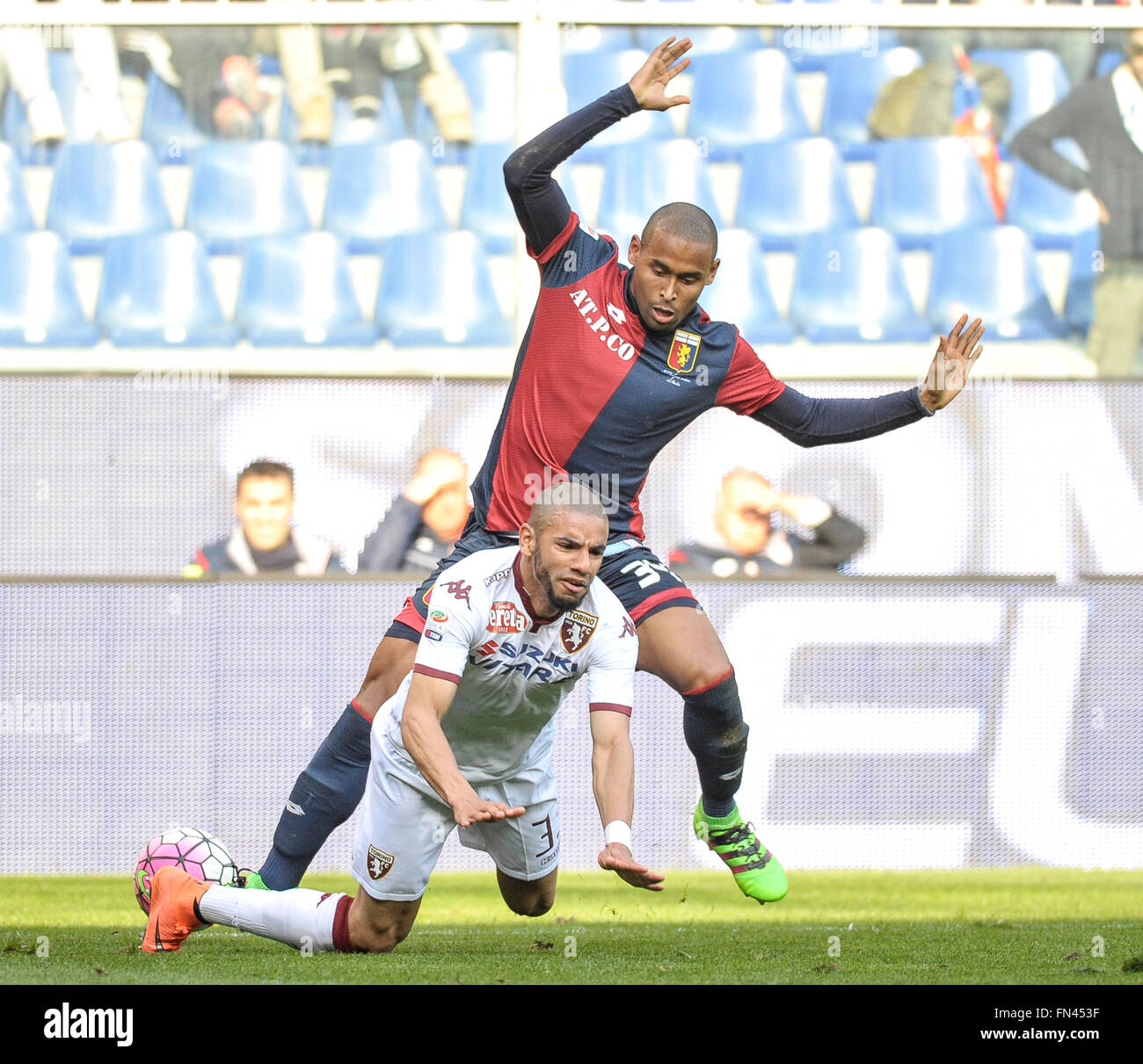 Genoa, Italy. 13th Mar, 2016. Gabriel Silva (right) and Bruno Peres compete for the ball during the Serie A football match between Genoa CFC and Torino FC. Genoa CFC wins 3-2 over Torino FC. © Nicolò Campo/Pacific Press/Alamy Live News Stock Photo