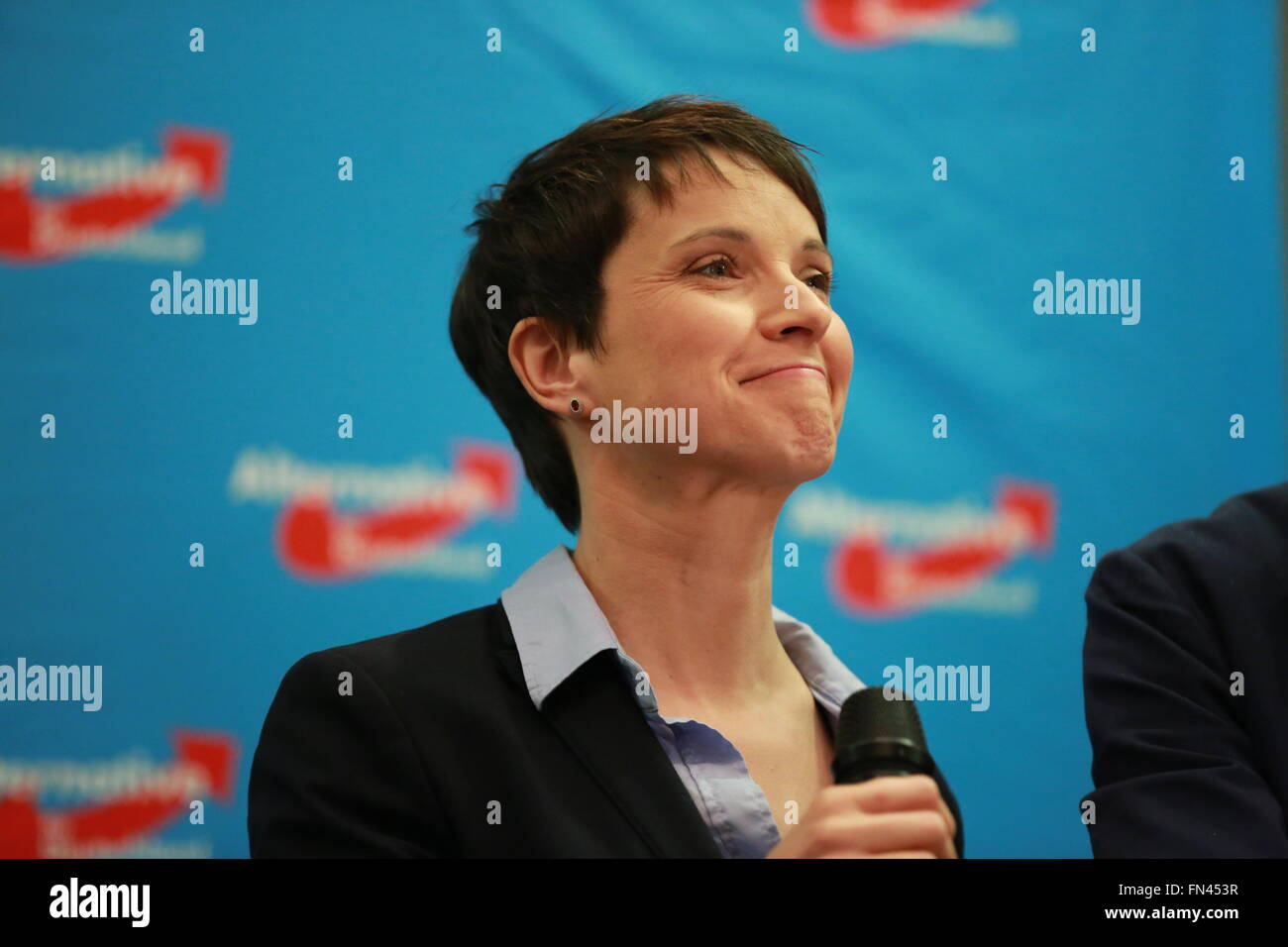 Berlin, Germany. 13th Mar, 2016. Party leader Frauke Petry during the election night of AfD (party) at AO hostel in Berlin's Lichtenberg district to the state elections in Baden-Württemberg, Rheinland-Pfalz and Sachsen-Anhalt. © Simone Kuhlmey/Pacific Press/Alamy Live News Stock Photo