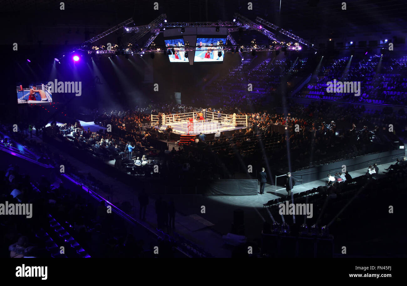 KYIV, UKRAINE - DECEMBER 13, 2014: Panoramic view of Palace of Sports in Kyiv during 'Evening of Boxing' Stock Photo