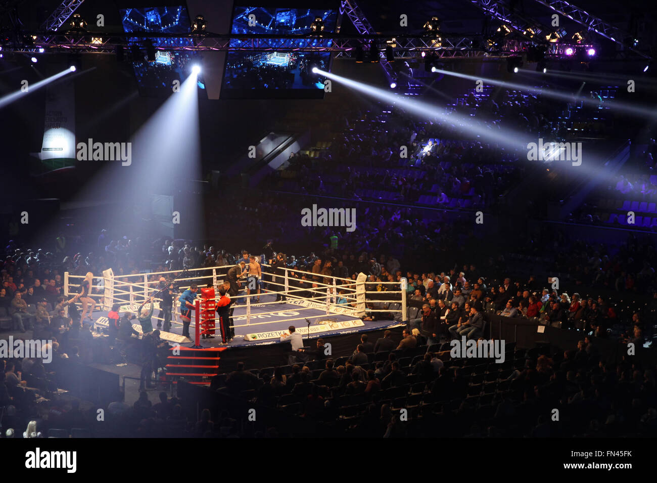 KYIV, UKRAINE - DECEMBER 13, 2014: Boxing ring in Palace of Sports in Kyiv during 'Evening of Boxing' Stock Photo