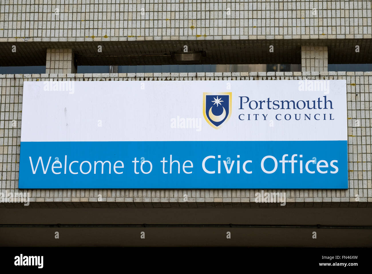Portsmouth City Council logo and sign at the Civic offices in Guildhall Square, Portsmouth Stock Photo