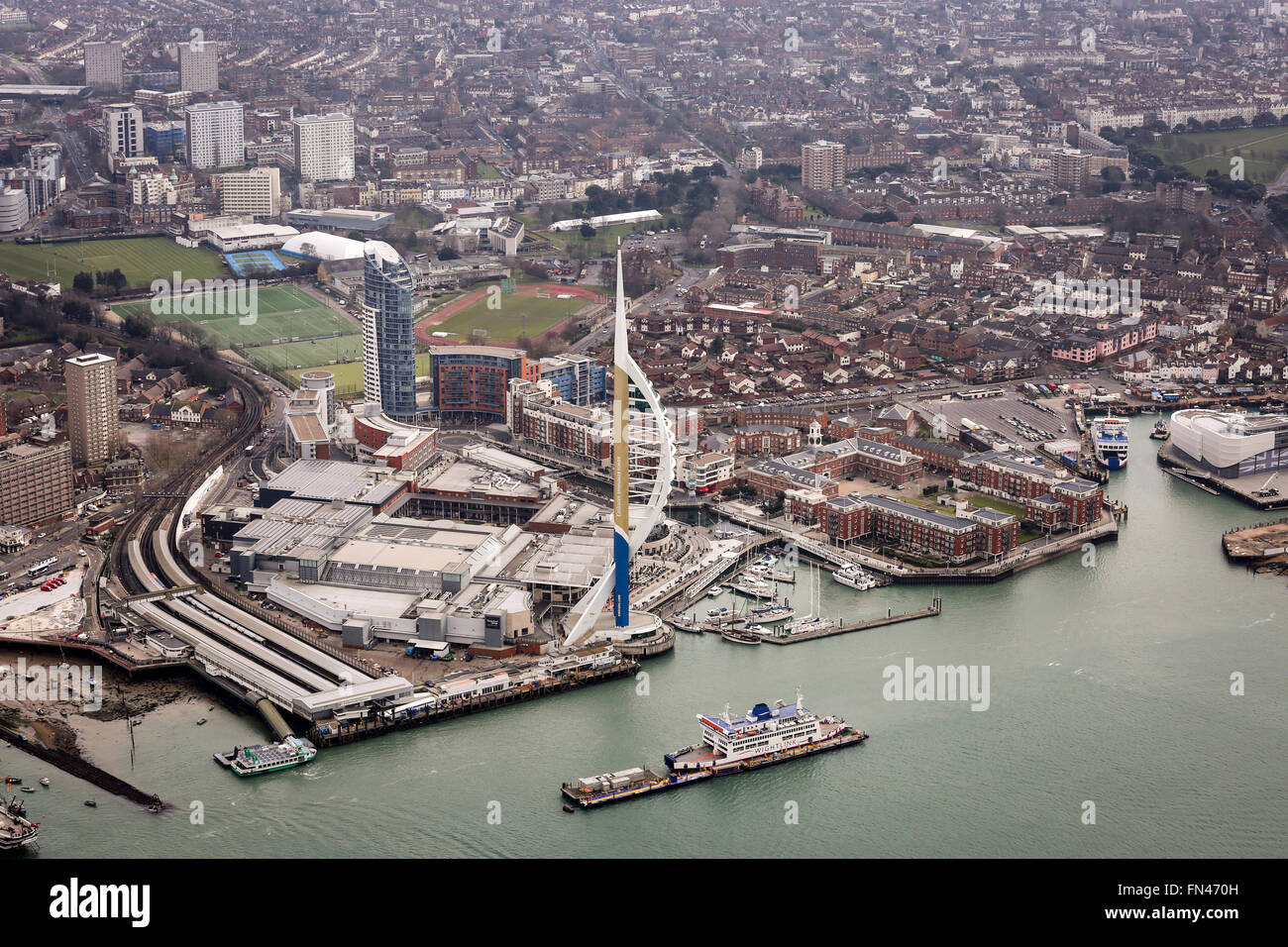 Aerial photo of Gunwharf Quays and the Emirates Spinnaker Tower in Portsmouth, Hampshire, UK Stock Photo