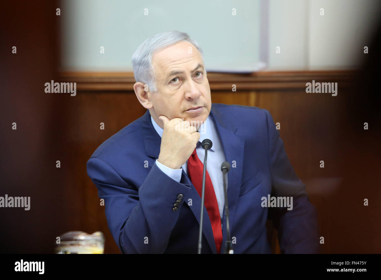 Jerusalem. 13th Mar, 2016. Israeli Prime Minister Benjamin Netanyahu attends the weekly cabinet meeting at his Jerusalem office, March 13, 2016. Israel called on the six world powers to take 'punitive measures' against Iran after the latter's test launching of missiles earlier this week. Credit:  JINI/Marc Israel Sellem/Xinhua/Alamy Live News Stock Photo