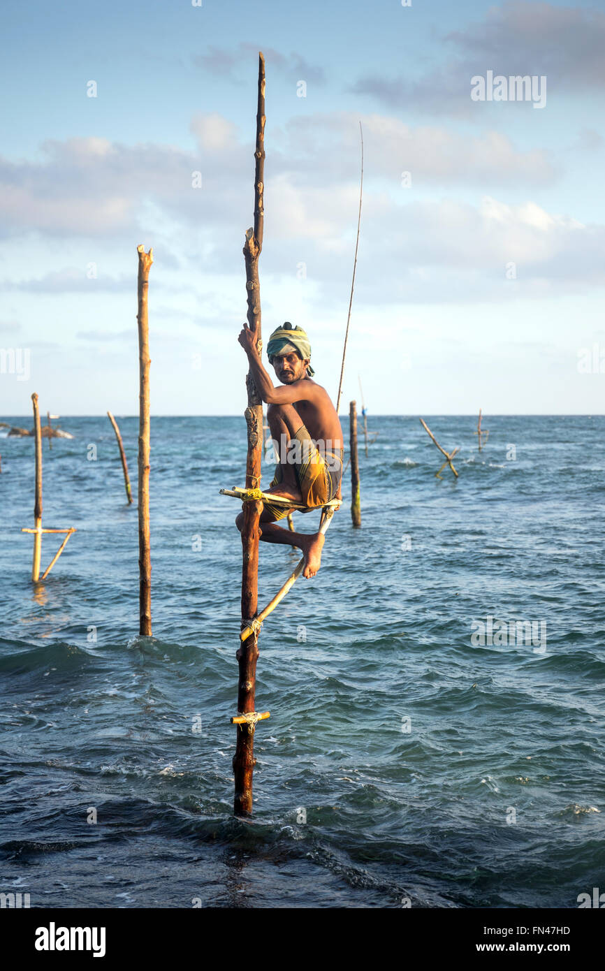 Sri Lankan stilt fishing, Sri Lankan stilt fishermen at sunset, Koggala ...