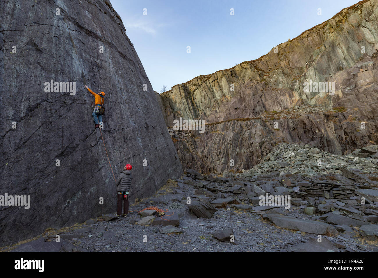 Snowdonia National Park, UK. 13th March, 2016. UK Weather: Rock climbers enjoying the fine weather in the slate quarries near Llanberis in Snowdonia National Park Credit:  Michael Buddle/Alamy Live News Stock Photo