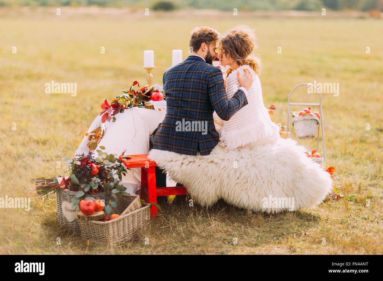 Wedding couple kisses at holiday table on field. Back view Stock Photo