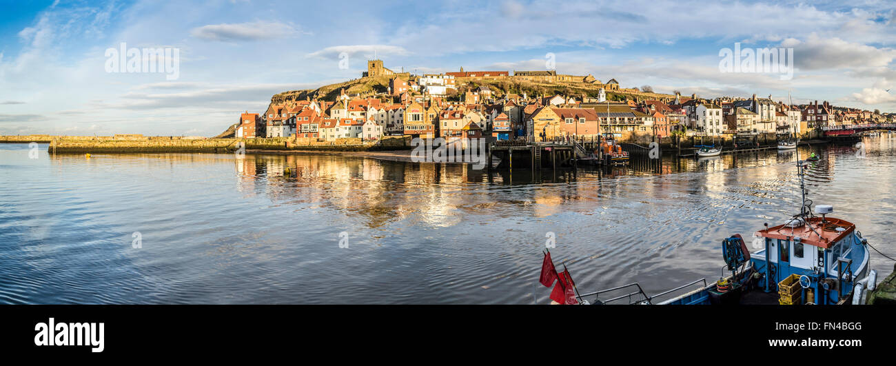 Whitby harbour panorama. Wide view of old town, part of the famous Yorkshire Heritage Coast. Stock Photo