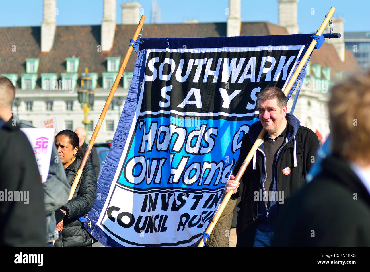 London, UK. 13th March 2016, Kill The Housing Bill protest march over Westminster Bridge, London, England UK Stock Photo