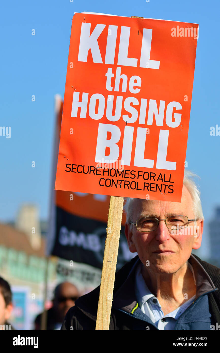 London, UK. 13th March 2016, Kill The Housing Bill protest march over Westminster Bridge, London, England UK Stock Photo