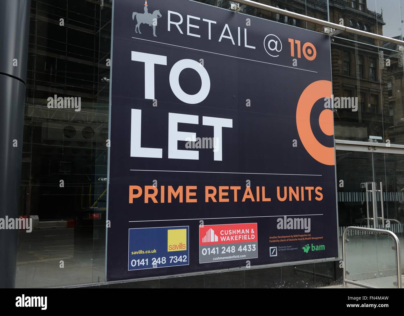 Prime retail 'To Let' sign on newly built city centre property in Glasgow, Scotland, UK Stock Photo
