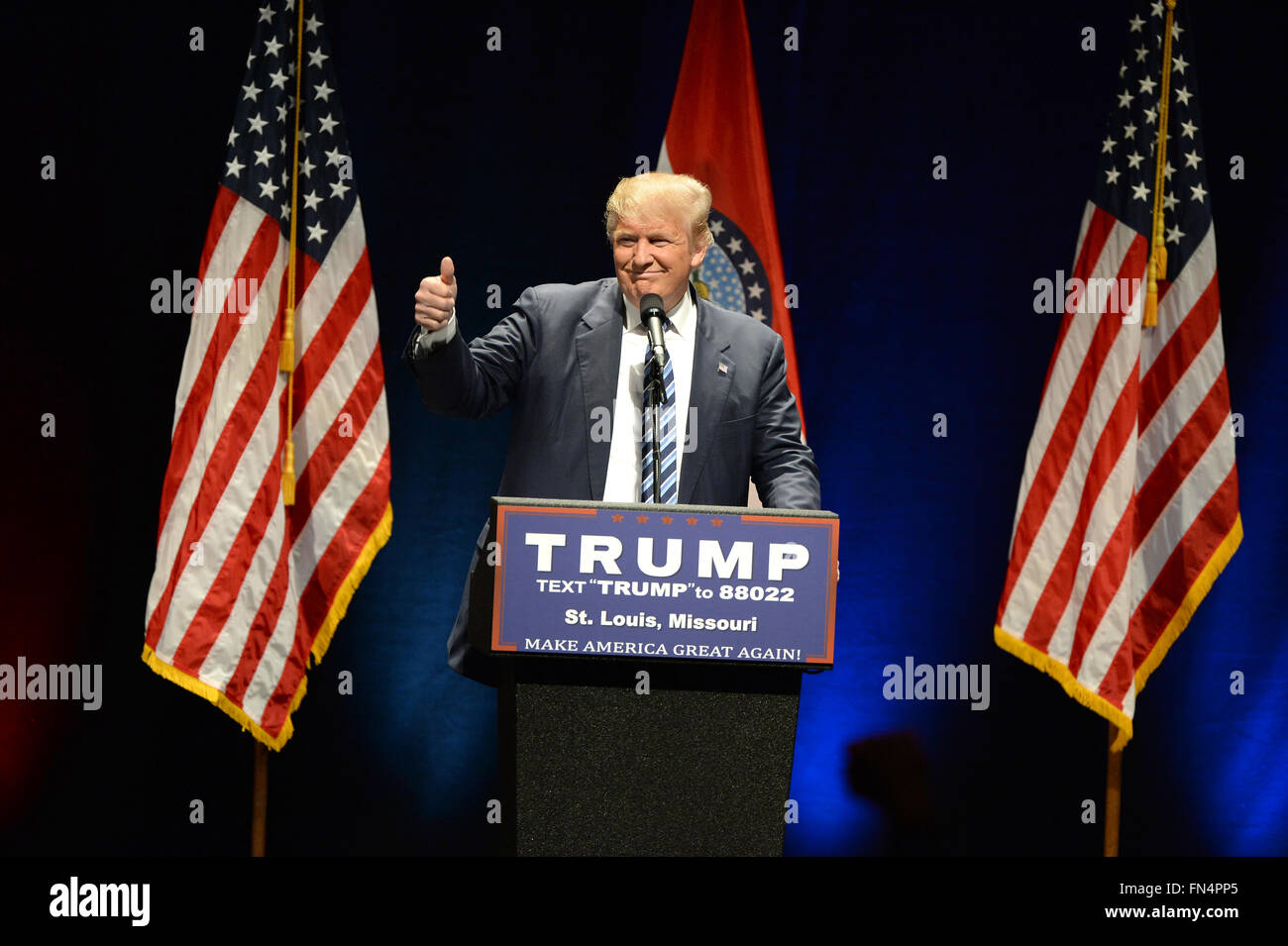 Saint Louis, MO, USA – March 11, 2016: Donald Trump shows the thumbs-up to supporters at the Peabody Opera House in Saint Louis. Stock Photo