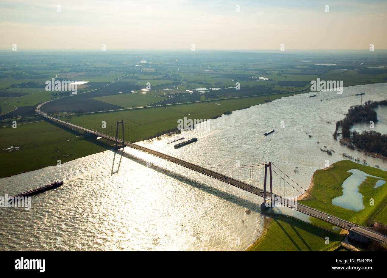 Aerial view, Emmerich Rhine Bridge, floodplains, cargo ships, cable-stayed bridge, Emmerich, Lower Rhine region, Stock Photo