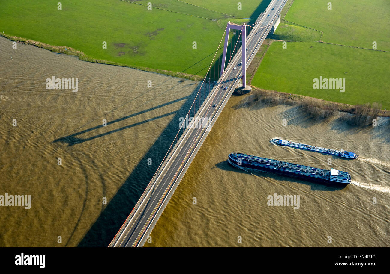 Aerial view, Emmerich Rhine Bridge, floodplains, cargo ships, cable-stayed bridge, Emmerich, Lower Rhine region, Stock Photo