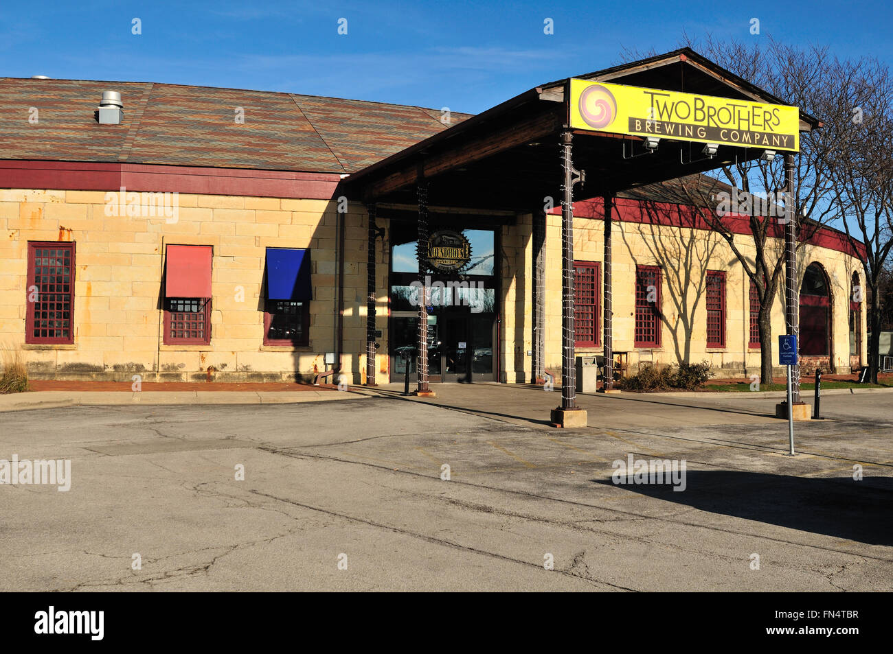 A historic railroad roundhouse building converted to a restaurant in Aurora, Illinois, USA. Stock Photo