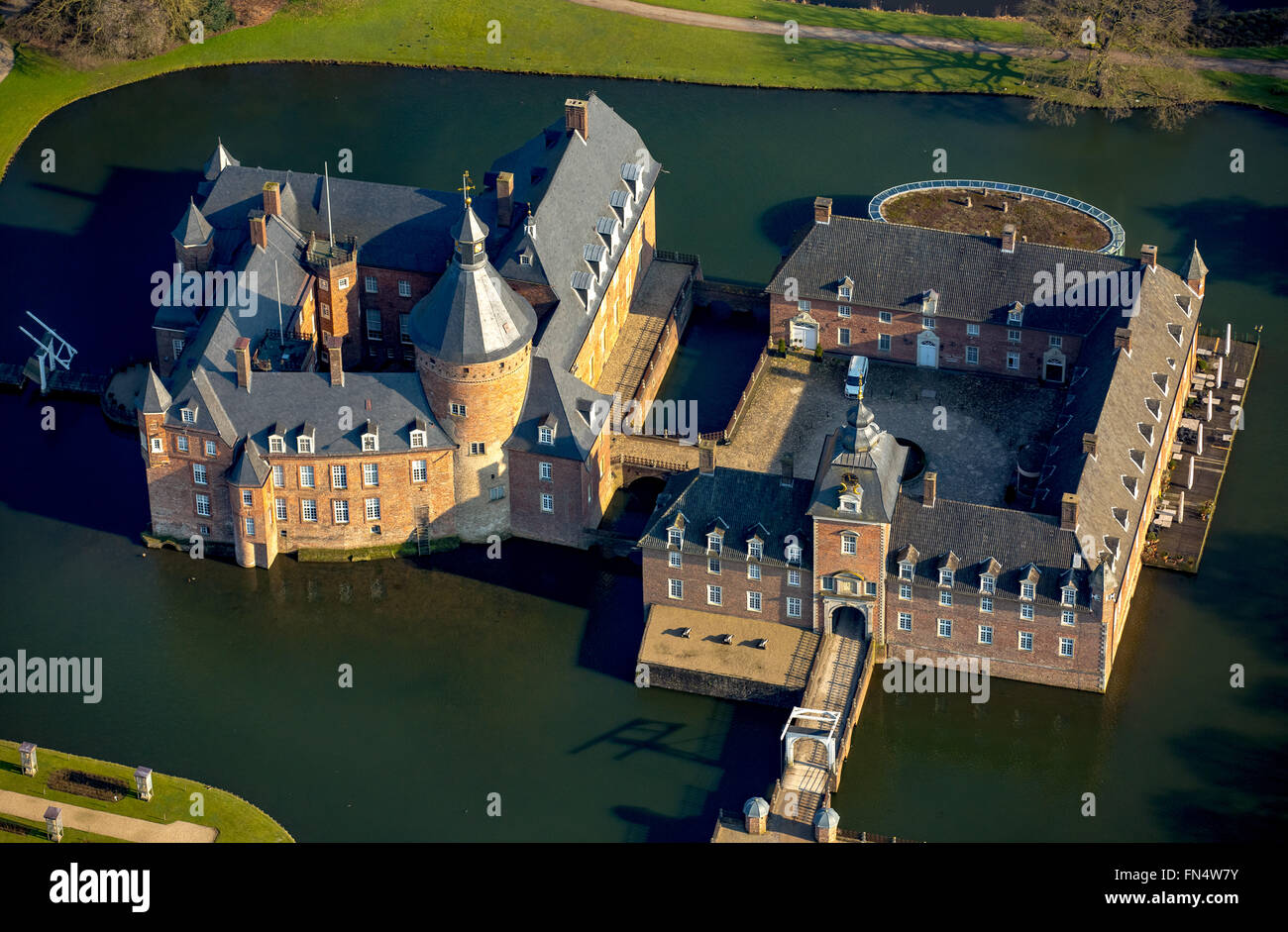 Aerial view, Museum Anholt Castle, Romantik Parkhotel Wasserburg Anholt, castle, Isselburg, Isselburg, Lower Rhine region, Stock Photo