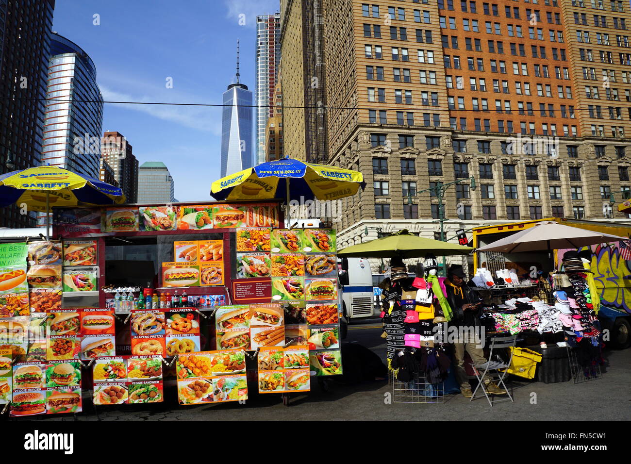 New York City Street Food Vendors with One World Trade in the background, Battery Park, NYC, NY, USA Stock Photo