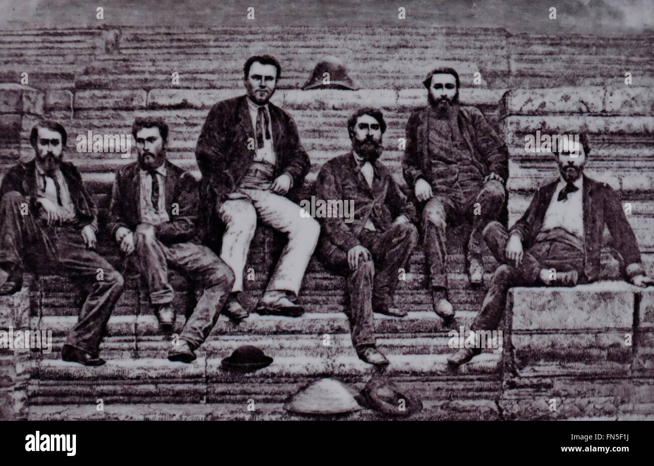 Members of the Doudart de Lagree expedition in Anglor Wat, circa 1866 Stock Photo