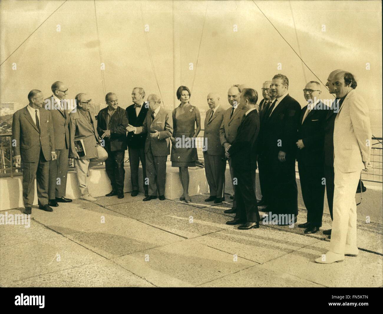 1948 - Cannes film Festival : The Annual film Festival opened in Cannes yesterday. Photo shows Pictured on the oof the Palais Du festival members of the Jury. Marcel Acd (3rd From L.) Pagnol, Sophia Loren, President, Peter Ustinov (right) etc. © Keystone Pictures USA/ZUMAPRESS.com/Alamy Live News Stock Photo