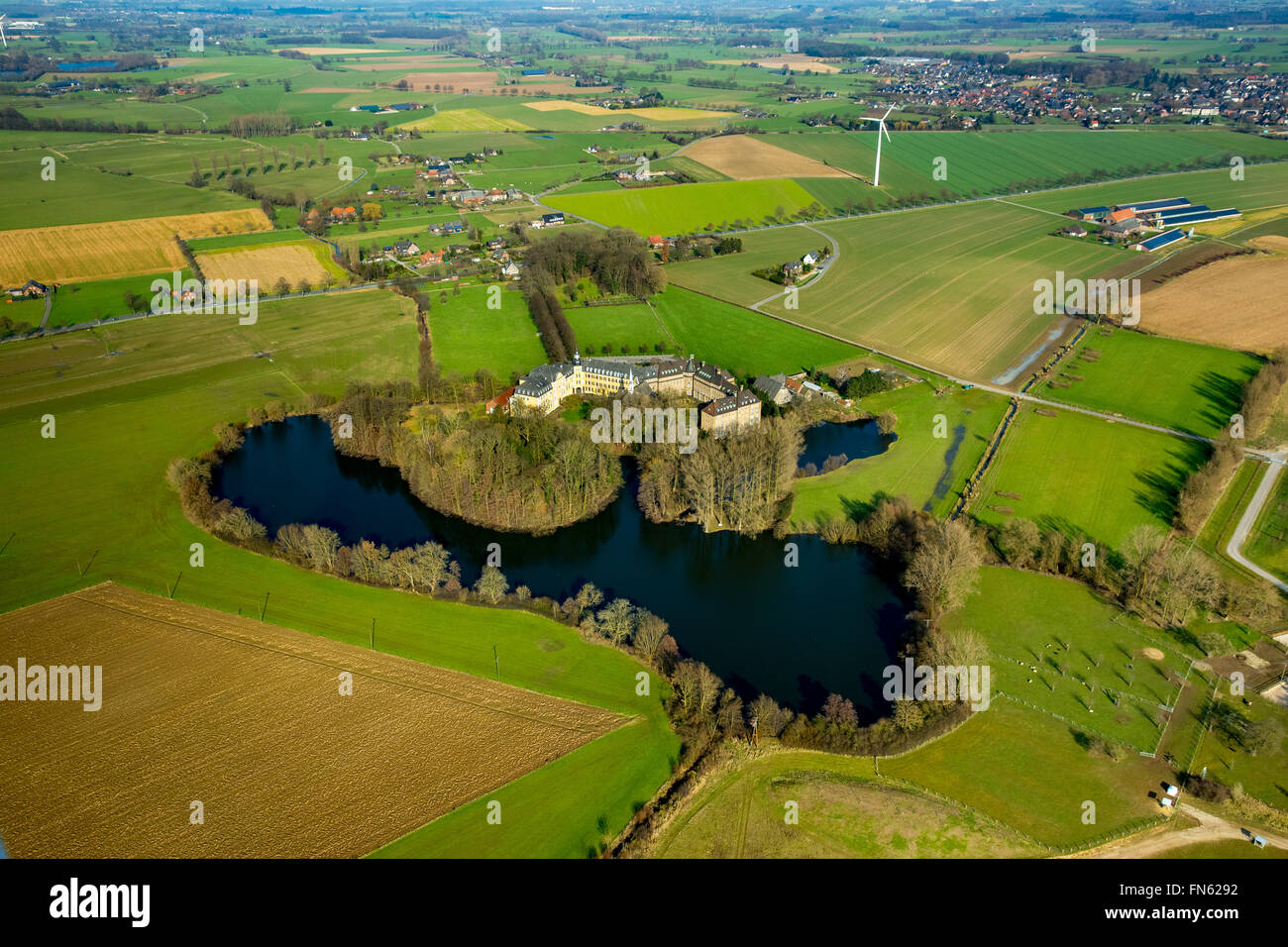 Aerial view, wild geese in Natuschutzgebiet at home Aspel, nature reserve, Aspeler sea, lakes with türkisfarbenenm water Rees Stock Photo