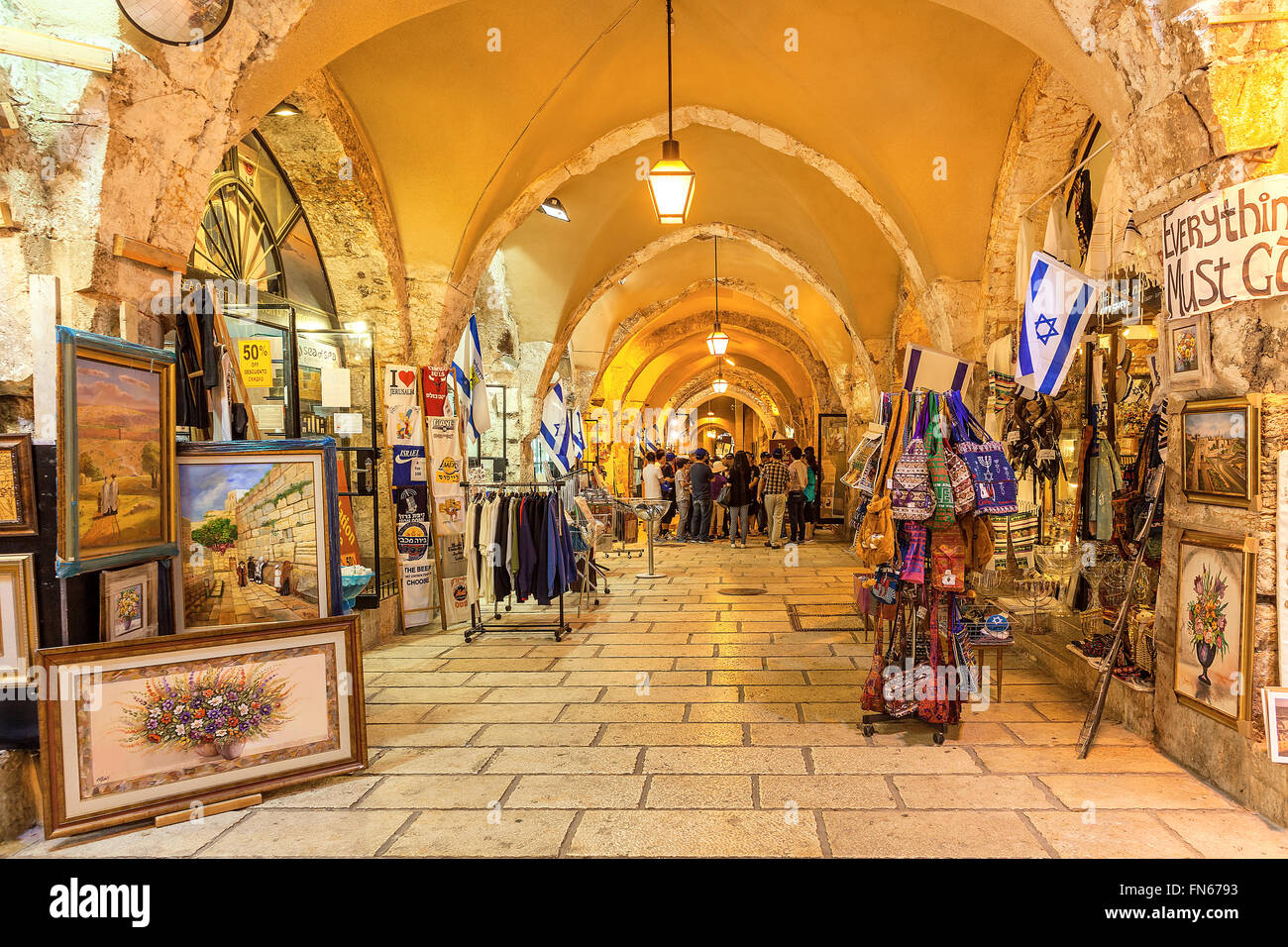 Gift shops gallery inside of stone vault passage in Old City of Jerusalem Stock Photo Alamy