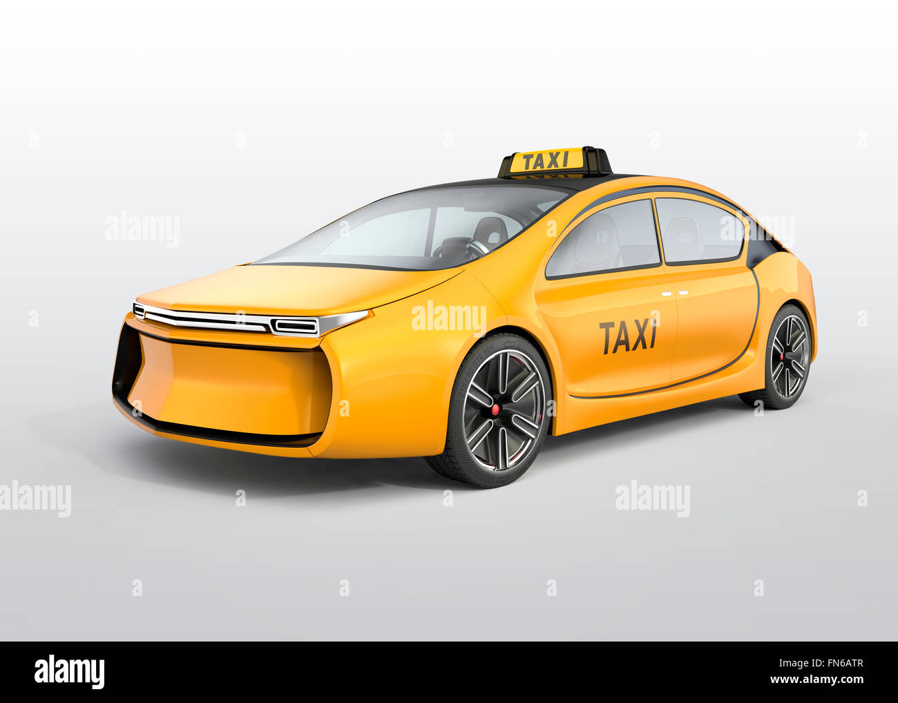 Yellow electric taxi isolated on light gray background. 3D rendering image with clipping path. Stock Photo