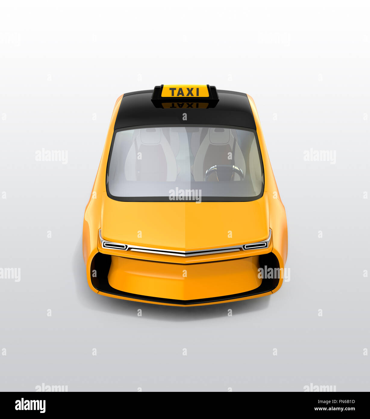 Yellow electric taxi isolated on light gray background. 3D rendering image with clipping path. Stock Photo