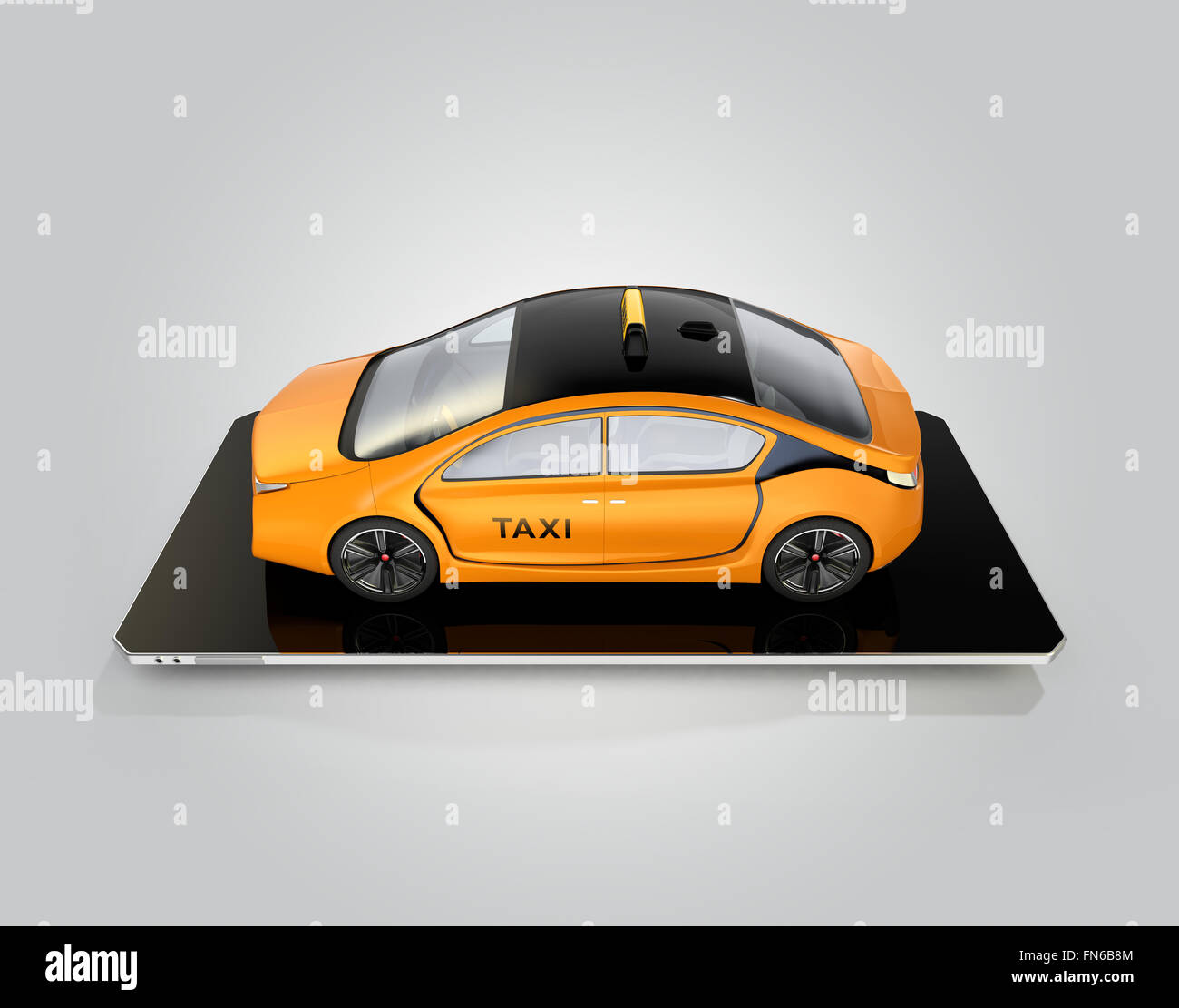 Yellow electric taxi on smart phone. Concept for mobile taxi order service. Stock Photo
