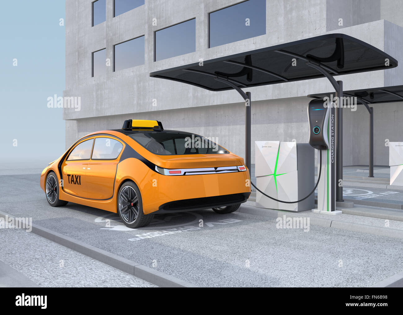 Yellow electric taxi charging in charging station. The charging station supply by solar panel and battery. Stock Photo