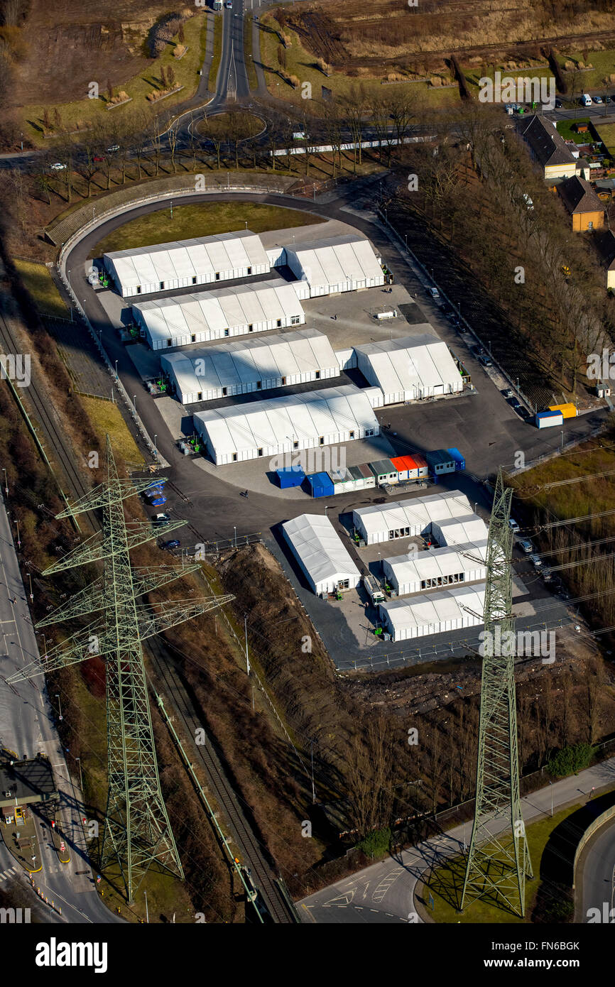 Aerial view, refugee tents in the former Stadion Mathias Stinnes north of the power plant Essen-Katerberg, refugee camp, Bottrop Stock Photo