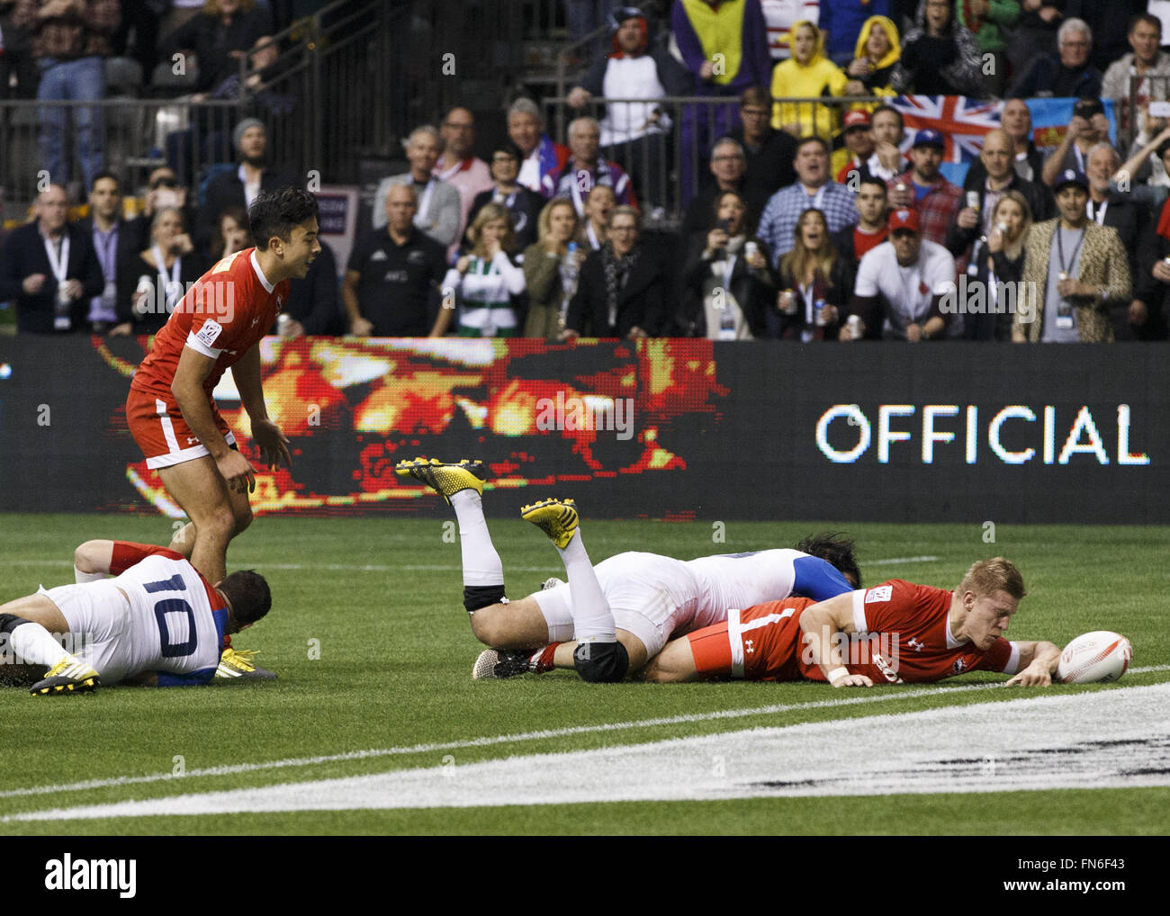 Vancouver, BC, Canada. 13th Mar, 2016. France (White) vs Canada (Red) during the Bowl Final of the HSBC World Rugby Sevens Series at BC Place Stadium in Vancouver, BC, Canada. Canada won 19-17. Credit:  Andrew Chin/ZUMA Wire/ZUMAPRESS.com/Alamy Live News Stock Photo