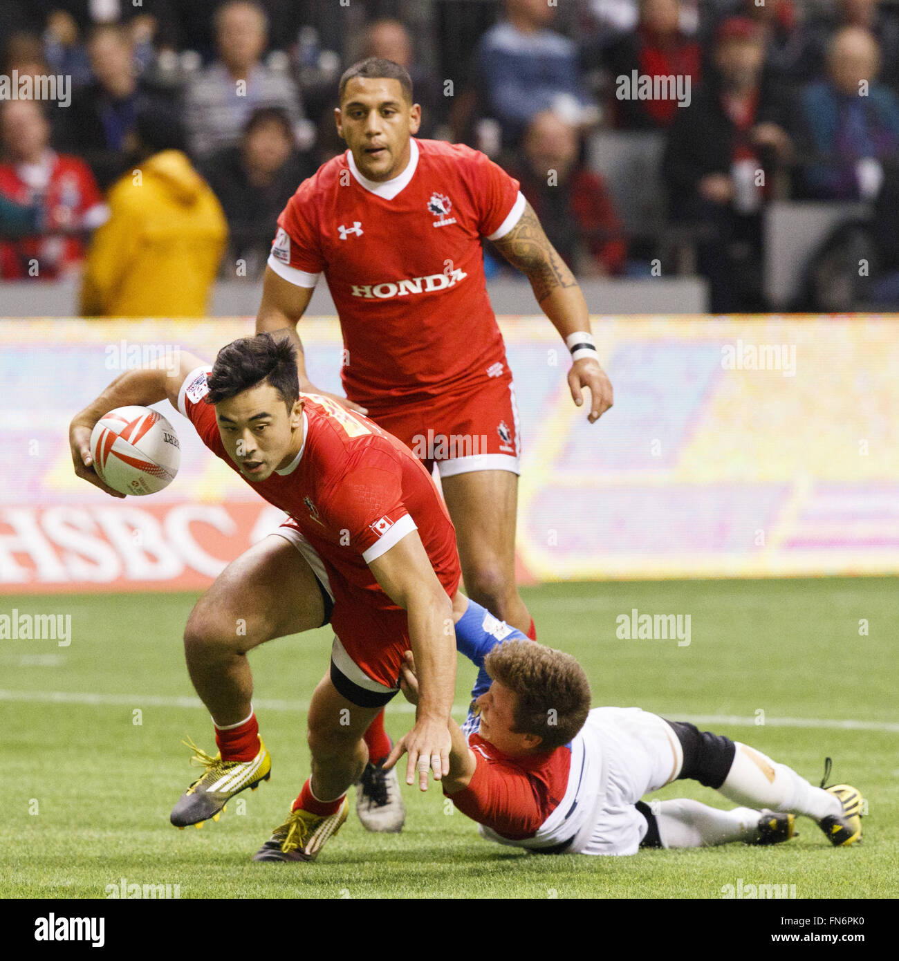 Vancouver, BC, Canada. 13th Mar, 2016. France (White) vs Canada (Red) during the Bowl Final of the HSBC World Rugby Sevens Series at BC Place Stadium in Vancouver, BC, Canada. Canada won 19-17. Credit:  Andrew Chin/ZUMA Wire/ZUMAPRESS.com/Alamy Live News Stock Photo