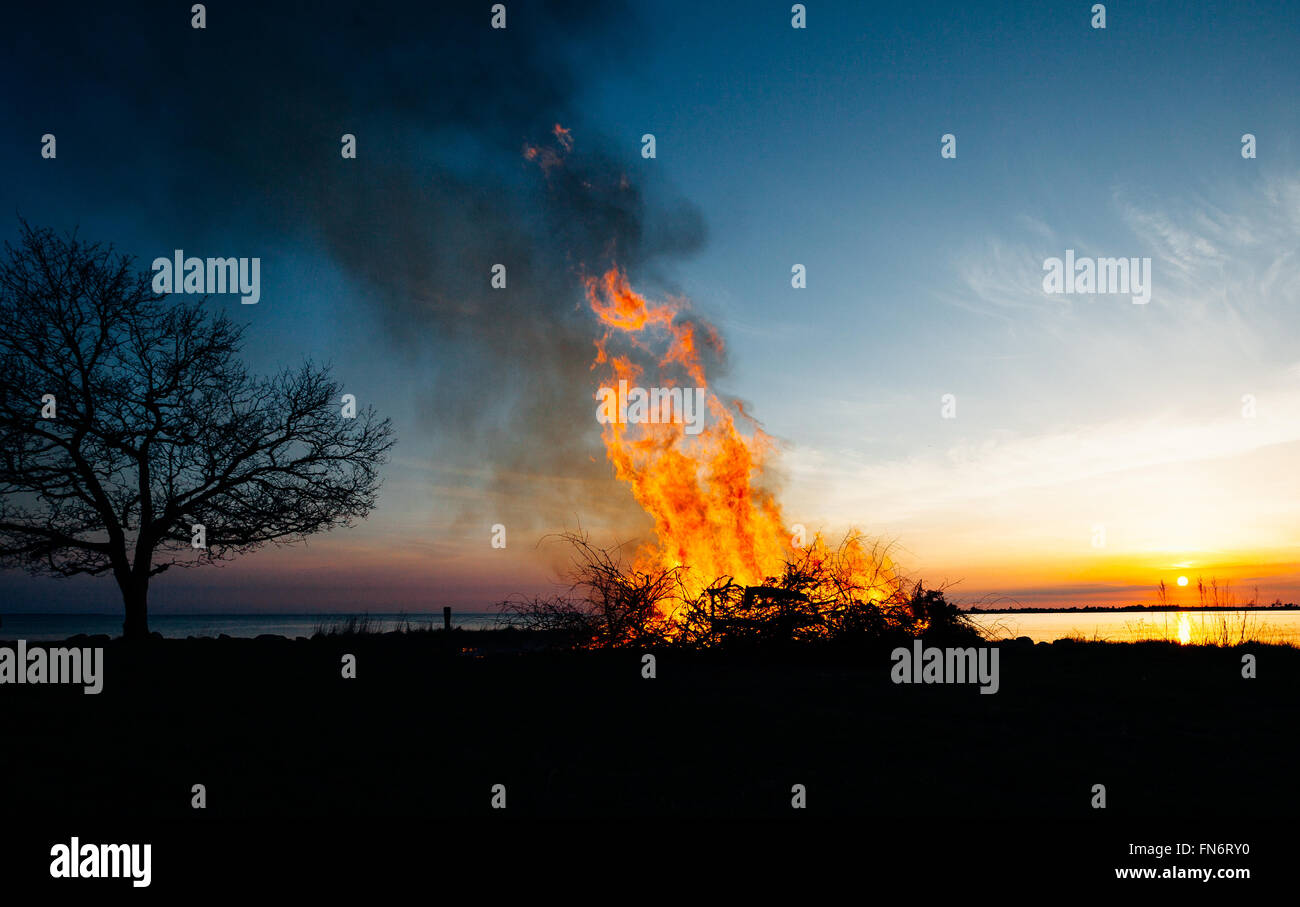 celebrating Walpurgisnight in Sweden bonfire by the sea Stock Photo