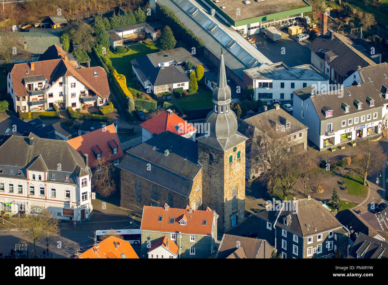 Aerial view, Onion Dome church, in the church square, Sprockhövel, Ruhr area, North Rhine Westphalia, Germany, Europe, Aerial Stock Photo