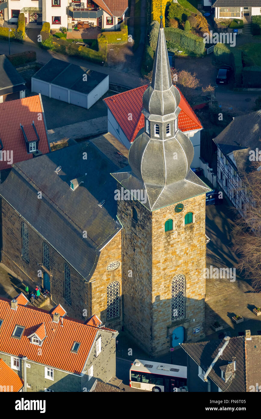 Aerial view, Onion Dome church, in the church square, Sprockhövel, Ruhr area, North Rhine Westphalia, Germany, Europe, Aerial Stock Photo