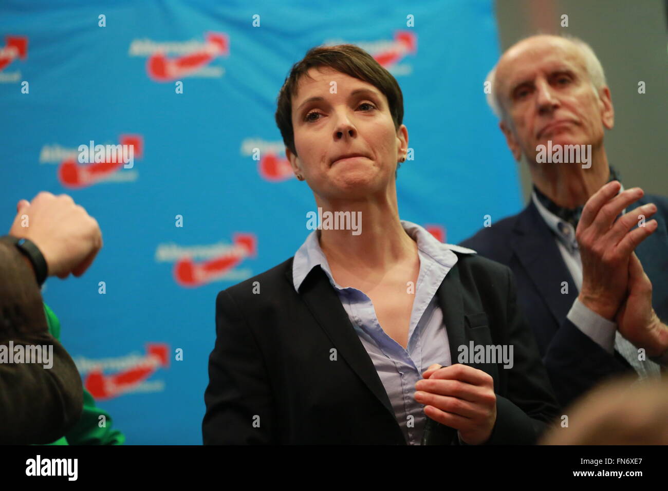 Berlin, Germany. 13th Mar, 2016. Frauke Petry during the election night of Alternative for Germany (AfD) in AO hostel in Berlin's Lichtenberg district to the state elections in Baden-Württemberg, Rheinland-Pfalz and Sachsen-Anhalt. © Simone Kuhlmey/Pacific Press/Alamy Live News Stock Photo