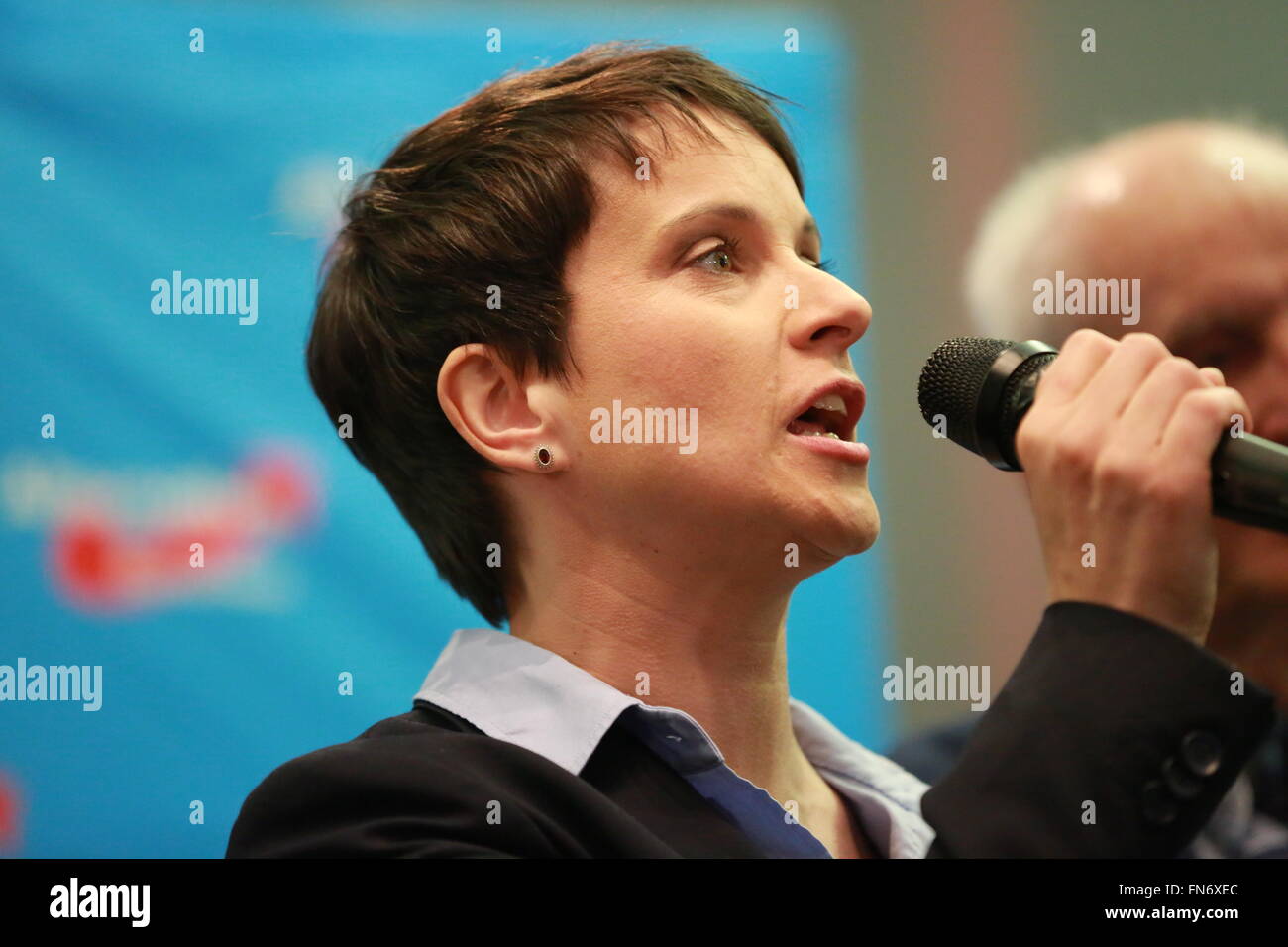Berlin, Germany. 13th Mar, 2016. Frauke Petry during the election night of Alternative for Germany (AfD) in AO hostel in Berlin's Lichtenberg district to the state elections in Baden-Württemberg, Rheinland-Pfalz and Sachsen-Anhalt. © Simone Kuhlmey/Pacific Press/Alamy Live News Stock Photo