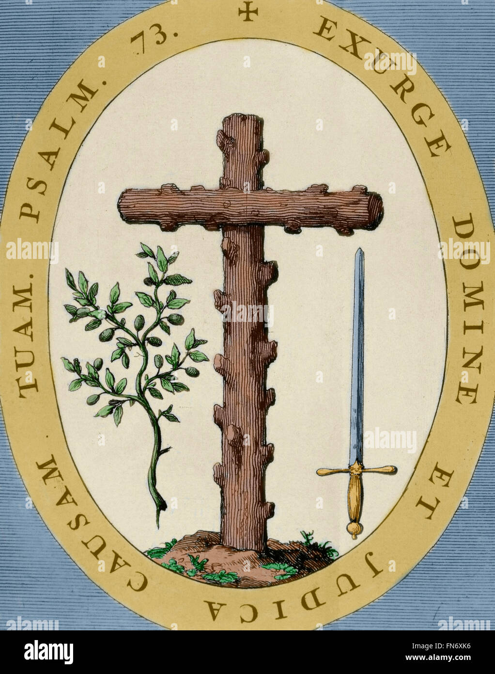 Emblem of the Inquisition. Engraving, 1692. Colored. Stock Photo