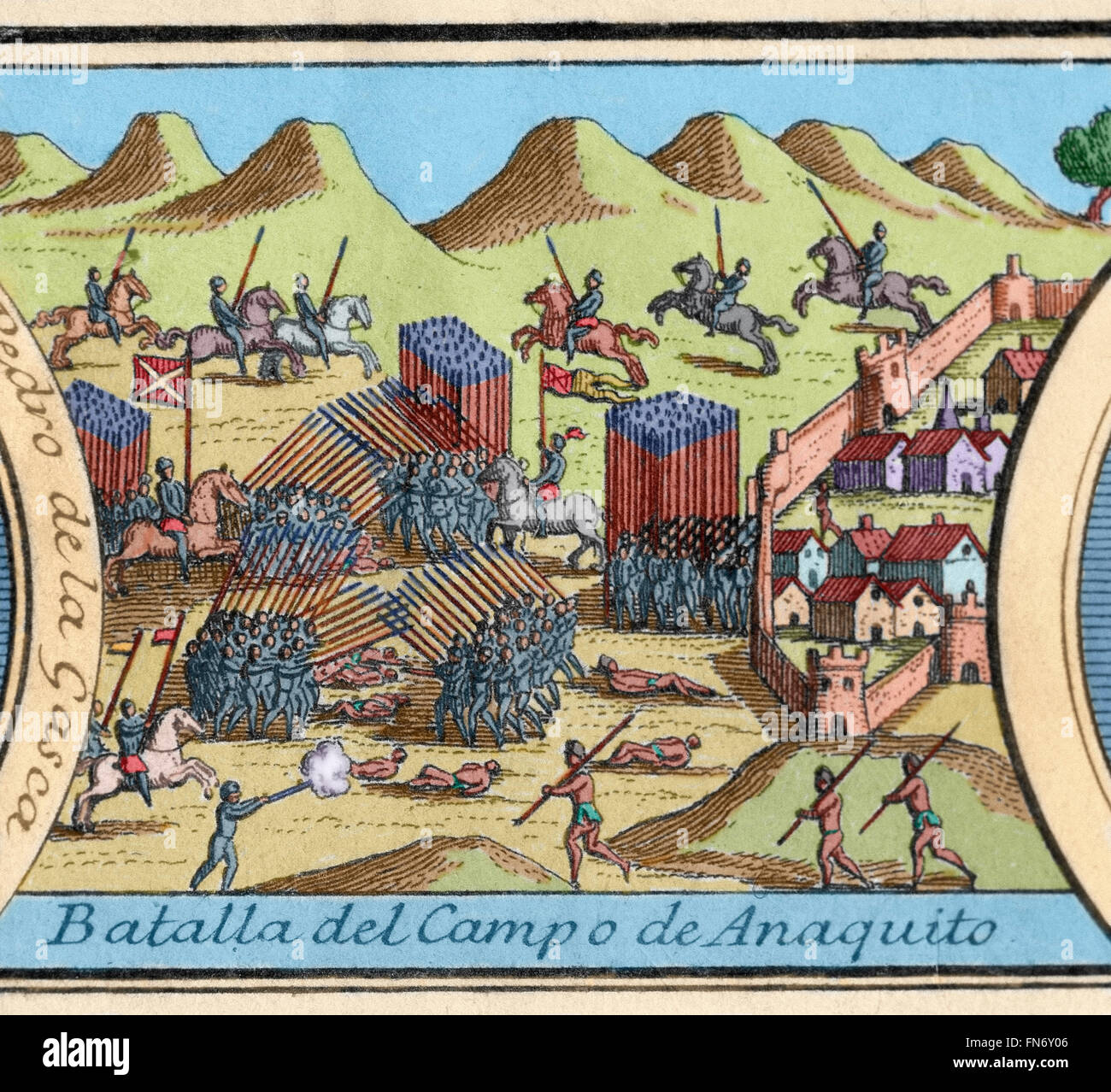 Spanish Conquest of Peru. Battle of Anaquito or Inaquito (1546), outskirts of present-day Quito, between Nueva Castilla and Viceroyalty of Peru leaded by Gonzalo Pizarro (1502-1548) and Blasco Nuñez Vela (d. 1546) with victory for Nueva Castilla. Engraving, 1726. Colored. Stock Photo