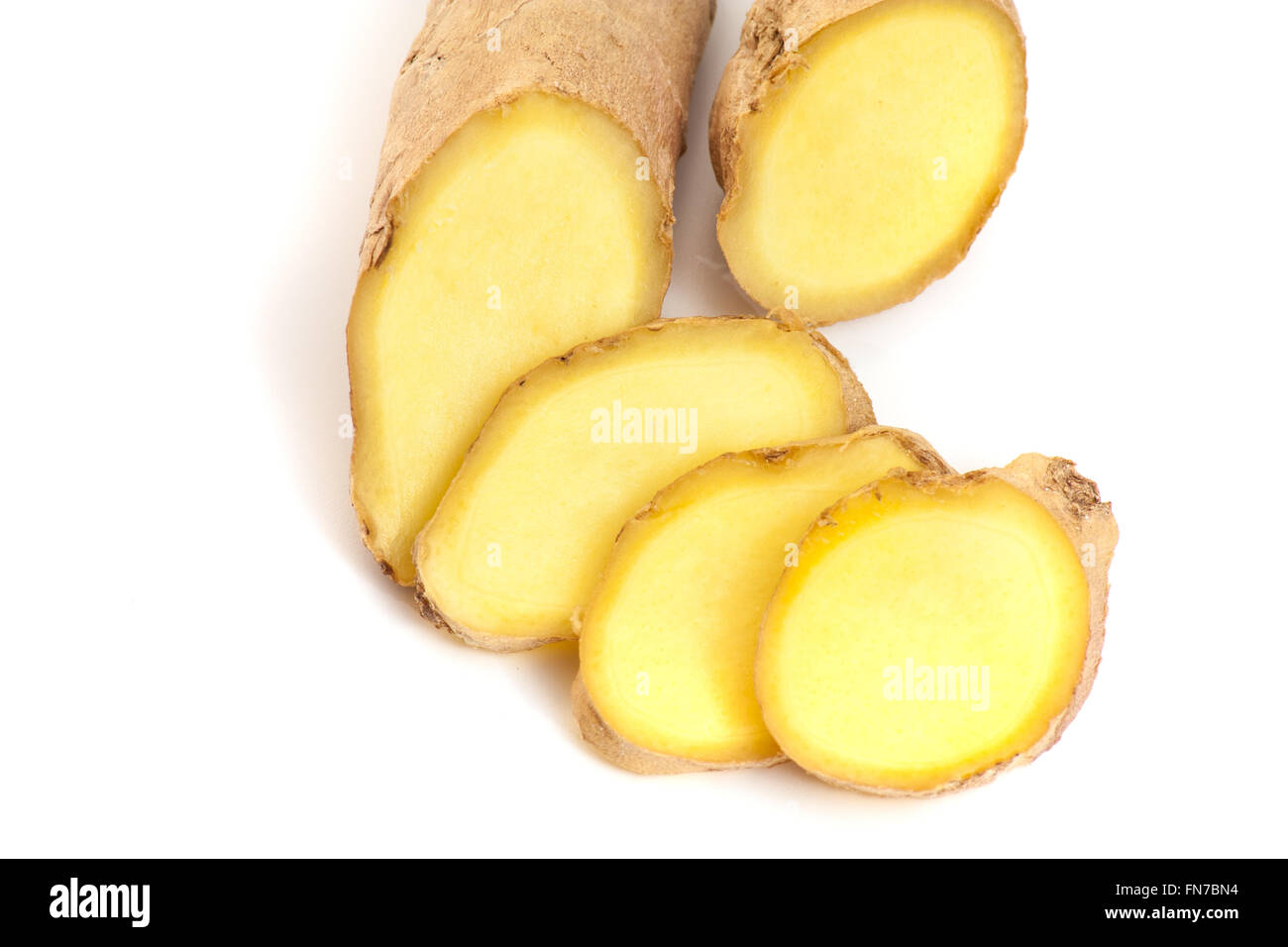 Fine sliced ginger root. All on white background Stock Photo
