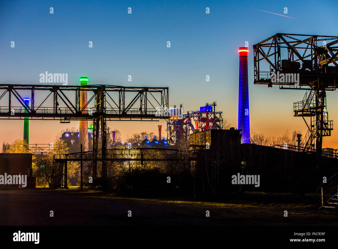 Landscape park Duisburg Nord, a former steel works, today an industrial heritage site, Duisburg, Germany, nightly illumination Stock Photo